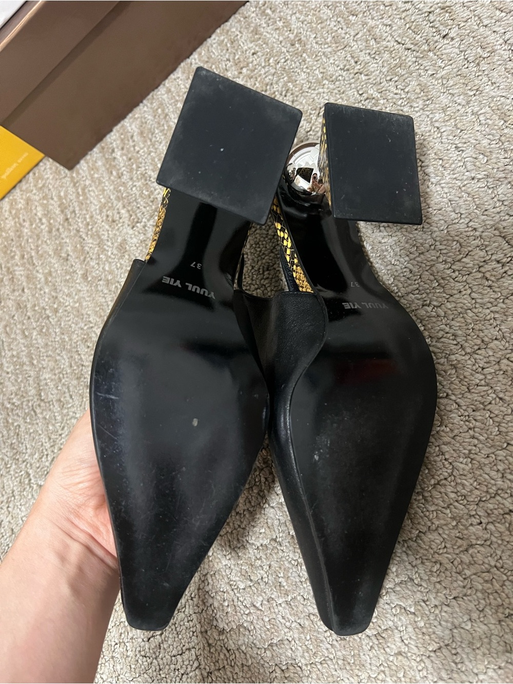 Yuul Yie Black Leather Slingback Pumps with Yellow Patterned Block Heel - Picture 3 of 7
